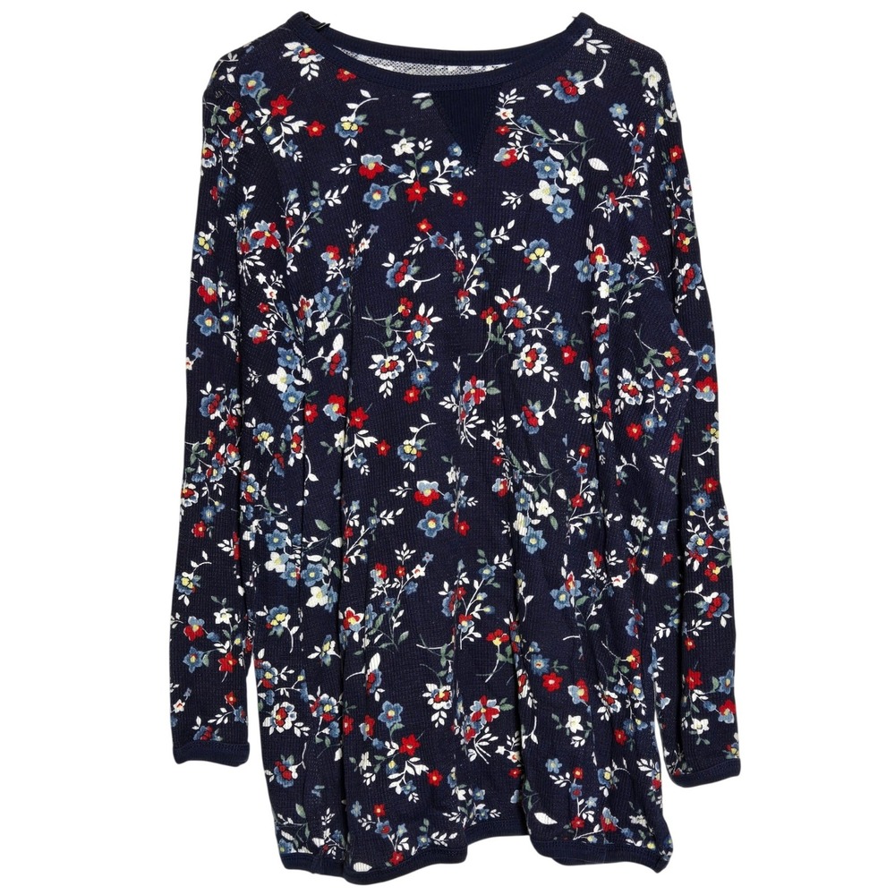 Woman Within Blue Floral Thermal Waffle Knit Long Sleeve Top 18/20 Fall Boho